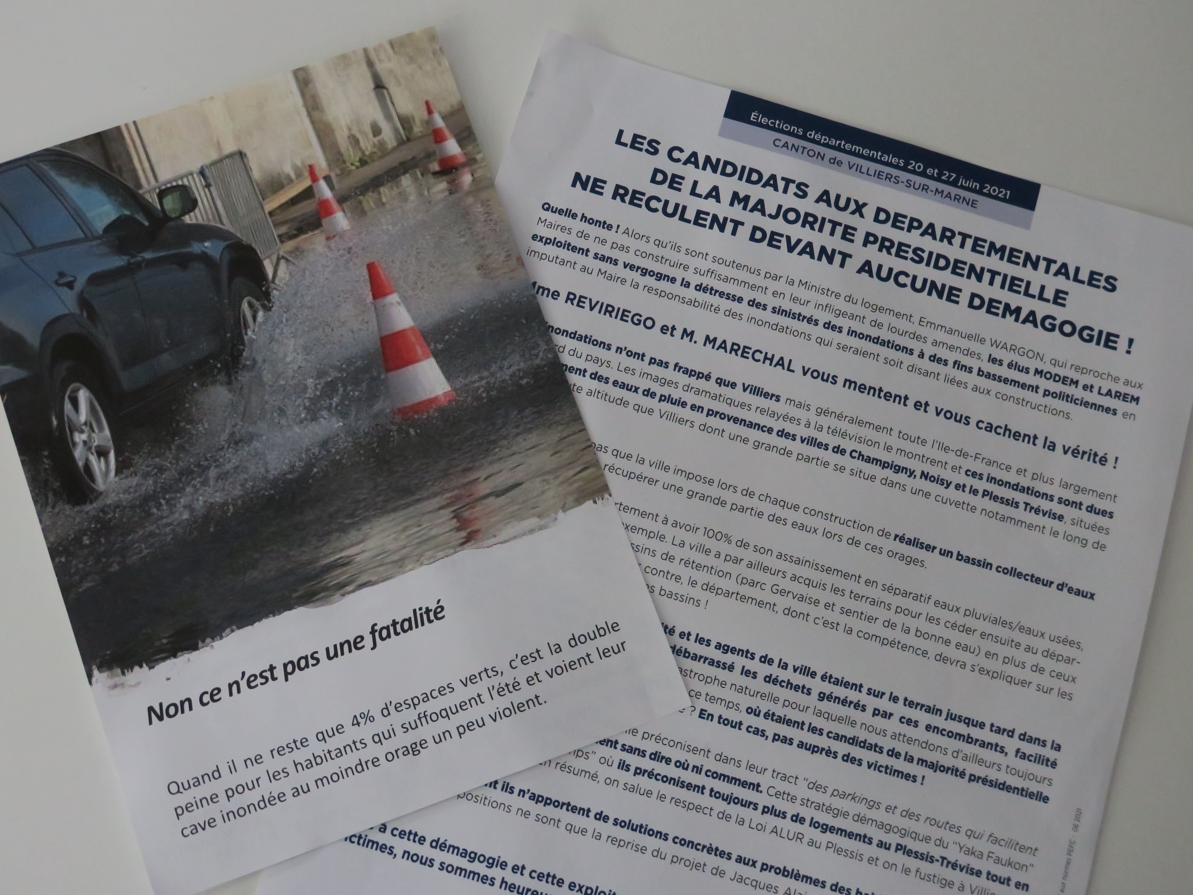 Les inondations se sont invitées dans les documents de campagne des deux binômes qualifiés pour le second tour à Villiers-Le Plessis. LP/Laure Parny