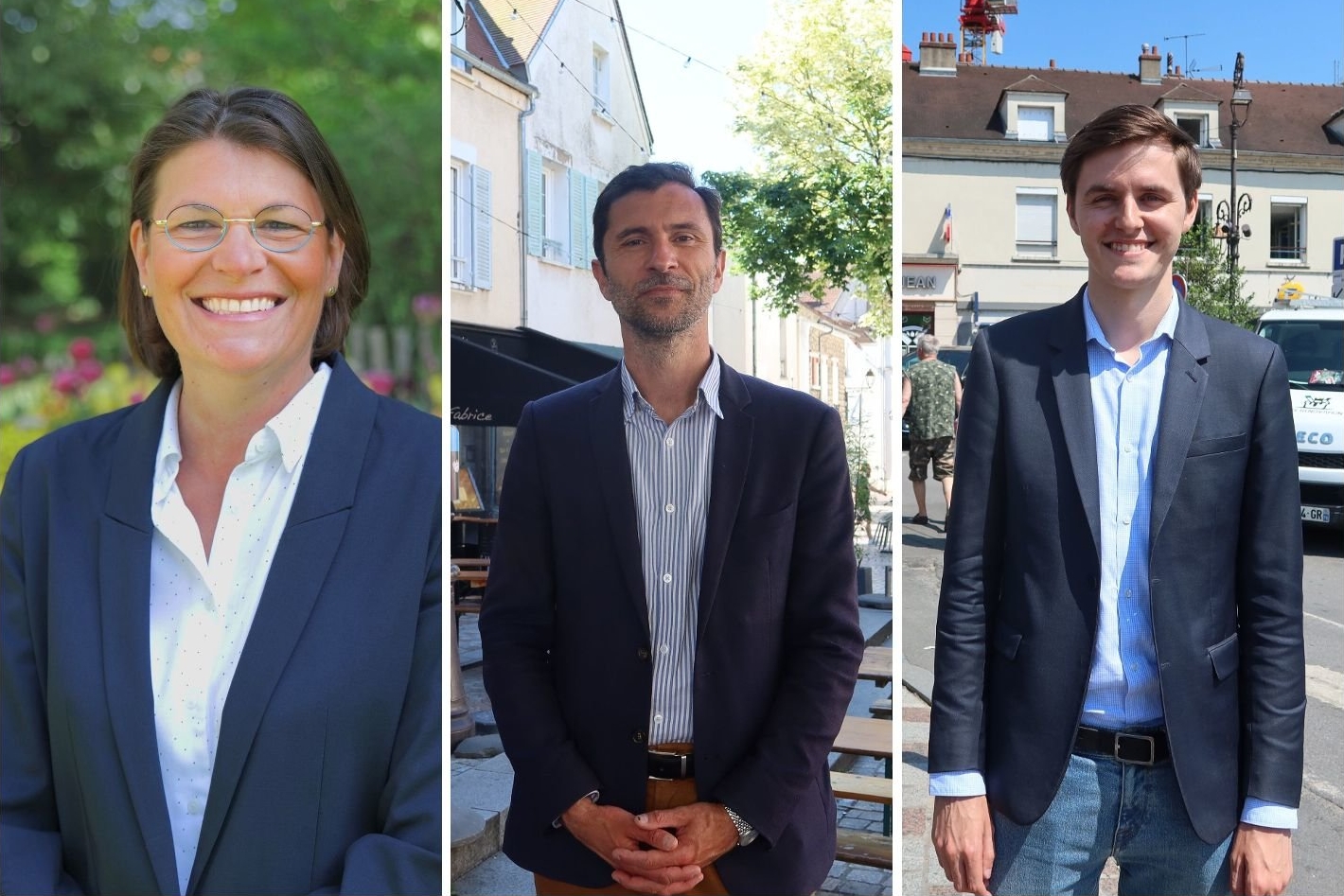 La triangulaire opposera le candidat NFP-LFI Arnaud Saint-Martin (au centre) arrivé en tête au 1er tour, talonné par le candidat LR-RN Théo Michel (à droite) et la députée sortante MoDem Aude Luquet (à gauche). LP/Sophie Bordier et DR