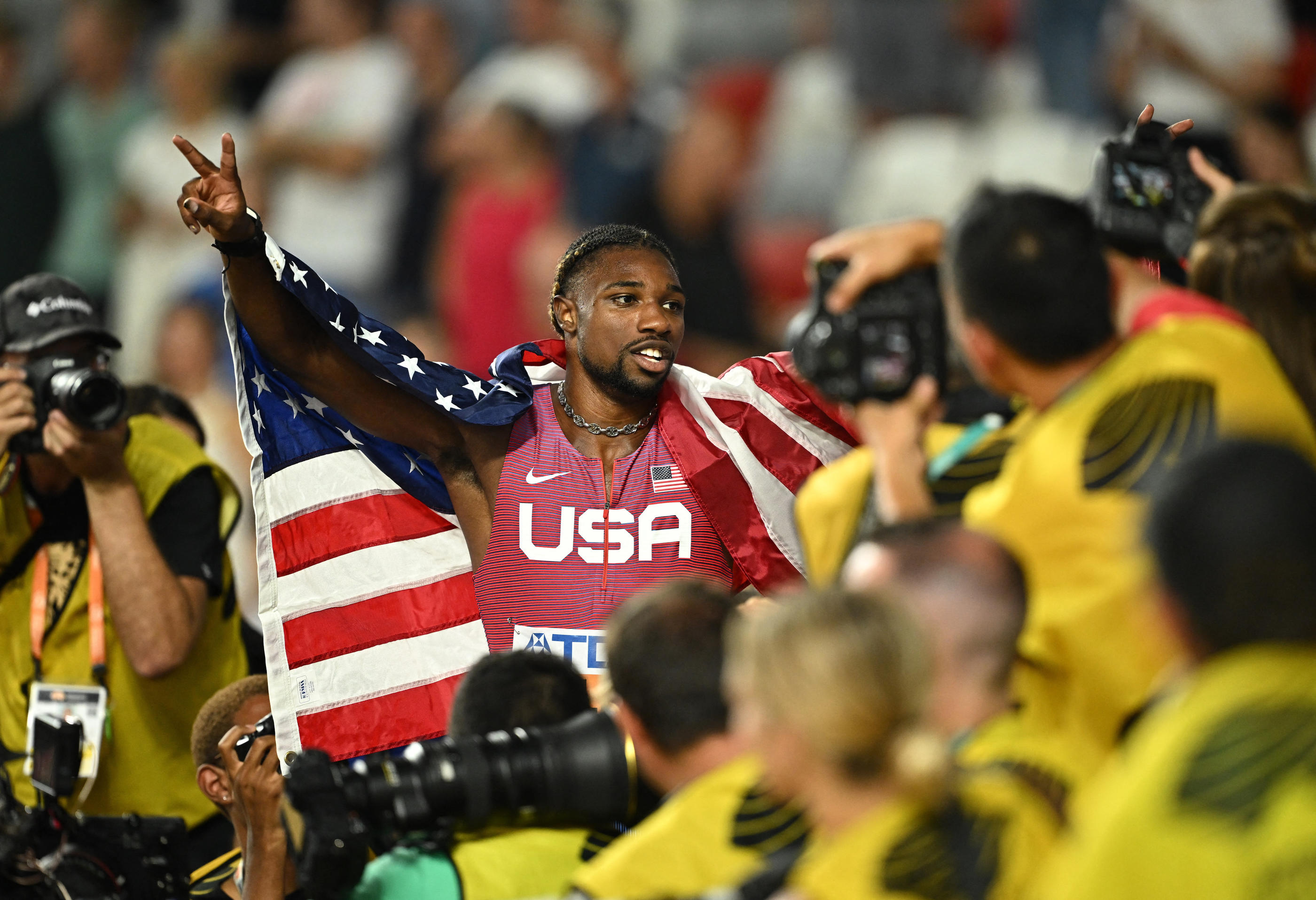 Double médaillé d'or aux Mondiaux de Budapest, Noah Lyles est la nouvelle star du sprint mondial. REUTERS/Dylan Martinez