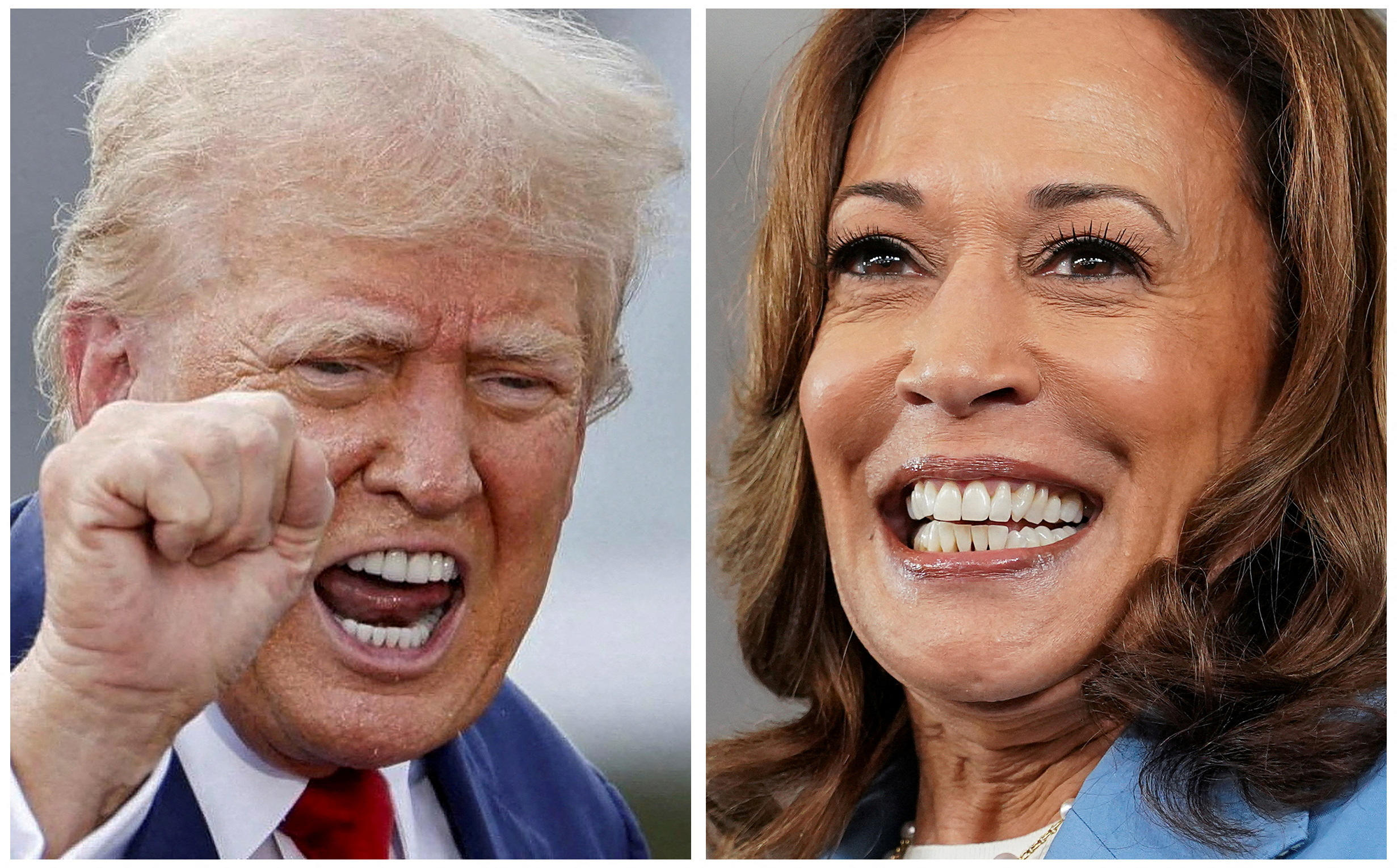 A quasiment deux mois du scrutin présidentiel, Donald Trump et Kamala Harris font campagne dans des Etats clés. REUTERS/Jonathan Drake, Kevin Lamarque.