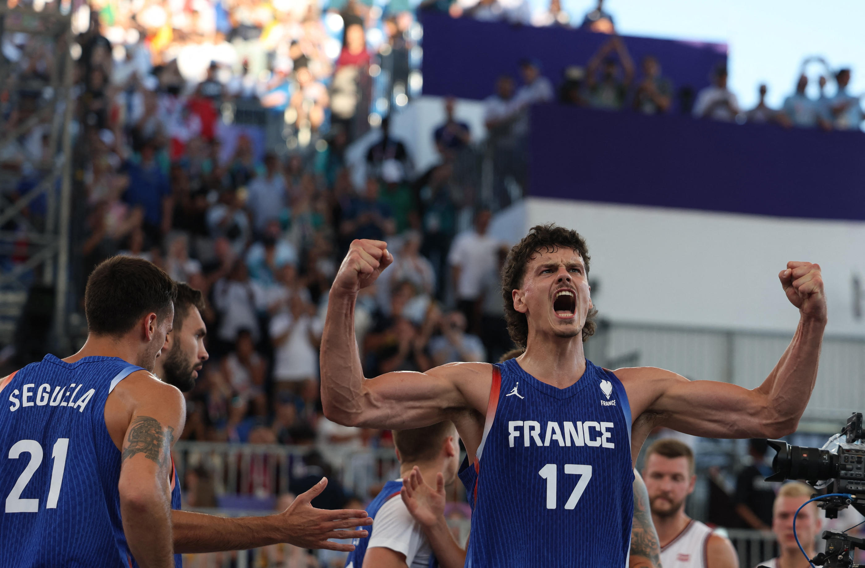 Paris 2024 Olympics - Basketball 3x3 - Men's Semifinal - Latvia vs France - La Concorde 1, Paris, France - August 05, 2024. Jules Rambaut of France reacts after his team's win. REUTERS/Pilar Olivares