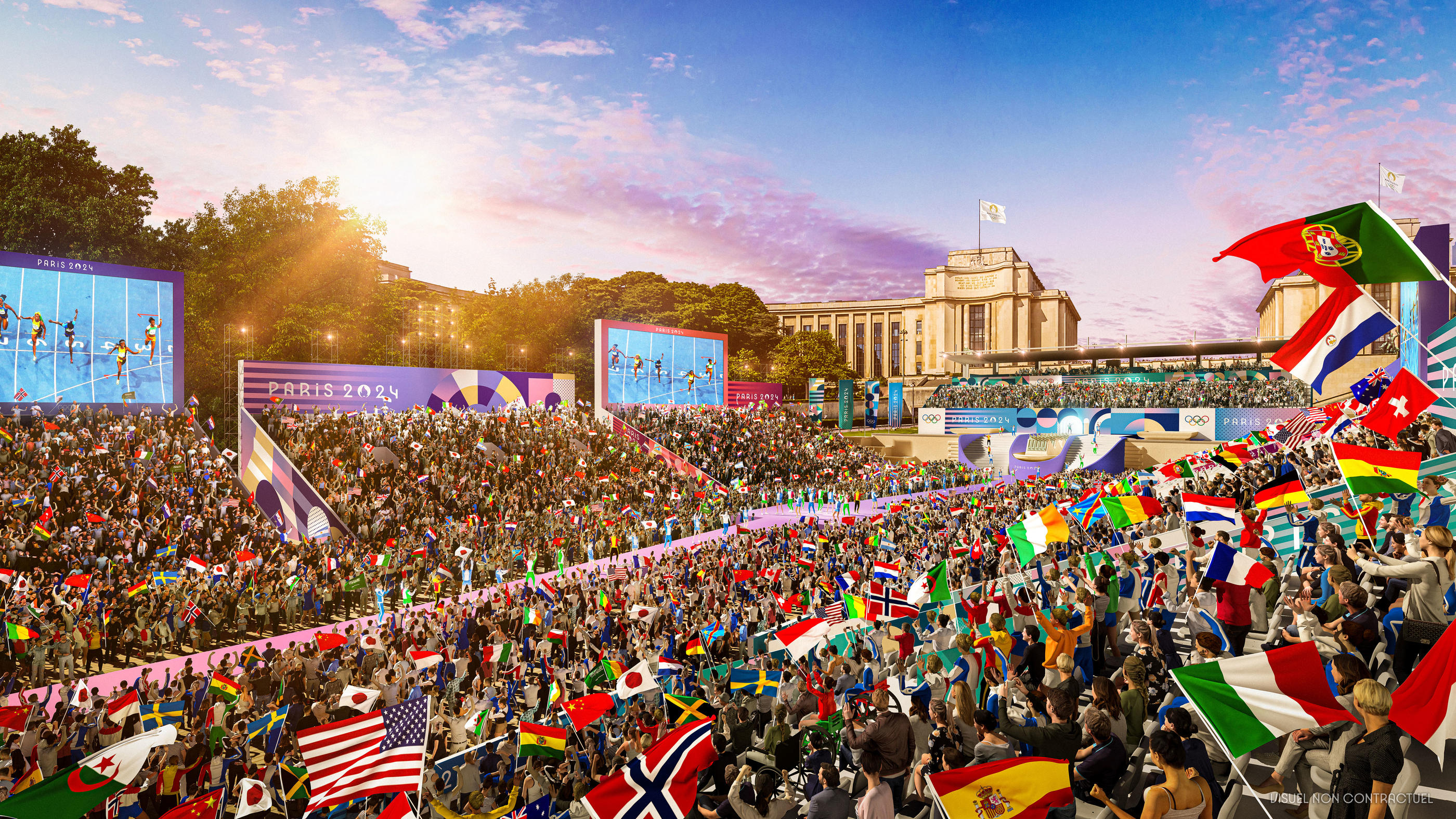 Image de synthèse qui donne une idée des célébrations attendues des athlètes au Trocadéro l'été prochain. Paris 2024 / Florian Hulleu