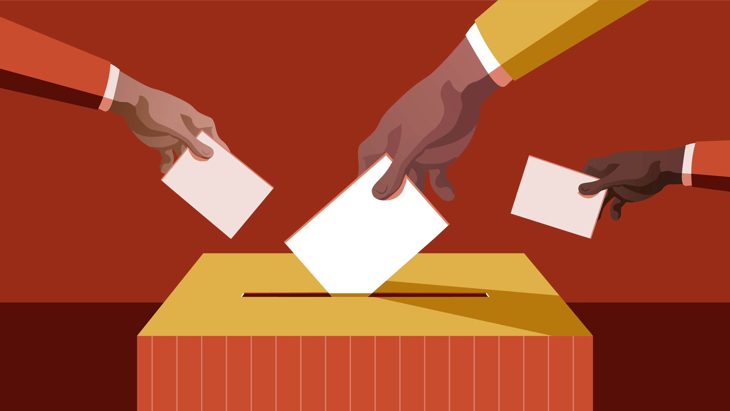 Illustration depicting three hands casting ballots into a central ballot box.