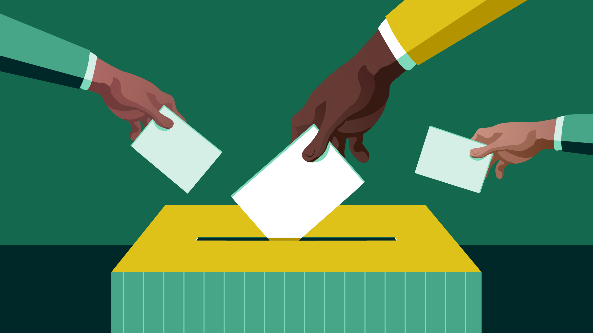 Illustration depicting three hands casting ballots into a central ballot box.