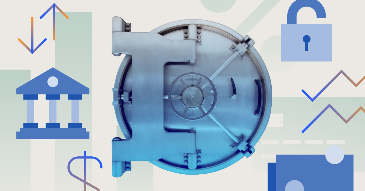 Collage of bank safe cutout photograph and illustrations of a lock, money, and graphs