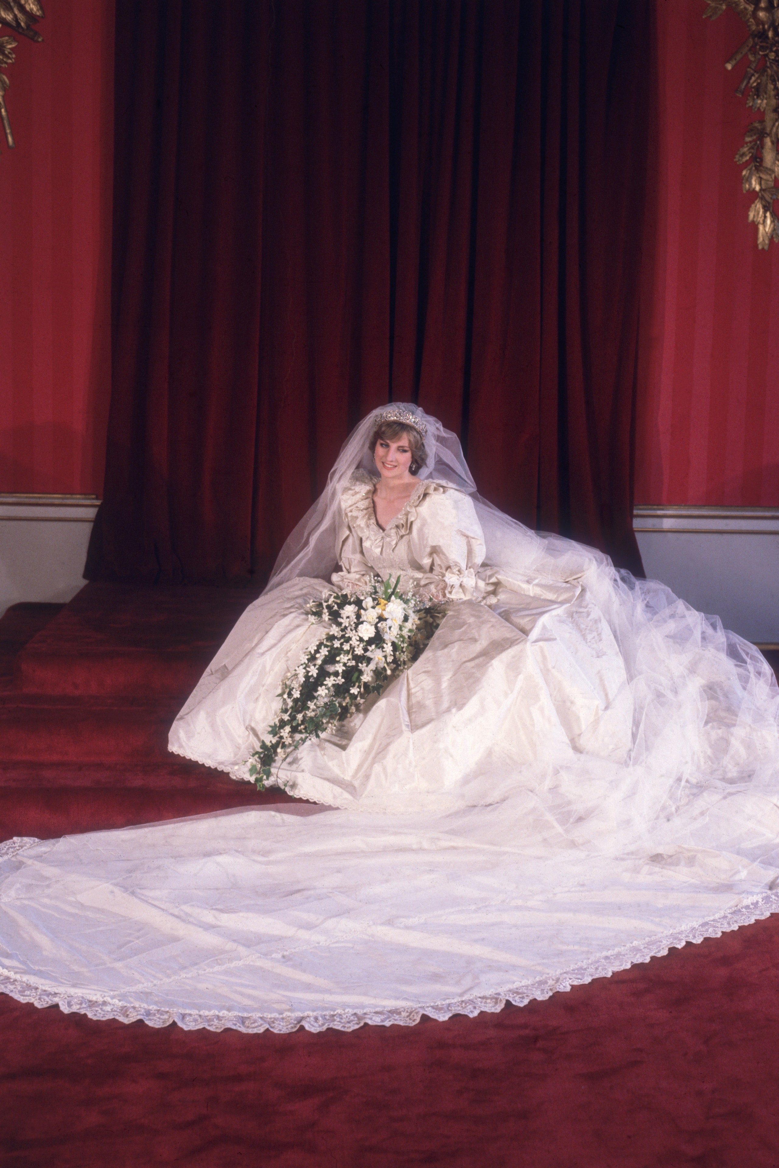 29th July 1981  Formal portrait of Lady Diana Spencer  in her wedding dress designed by David and Elizabeth Emanuel.