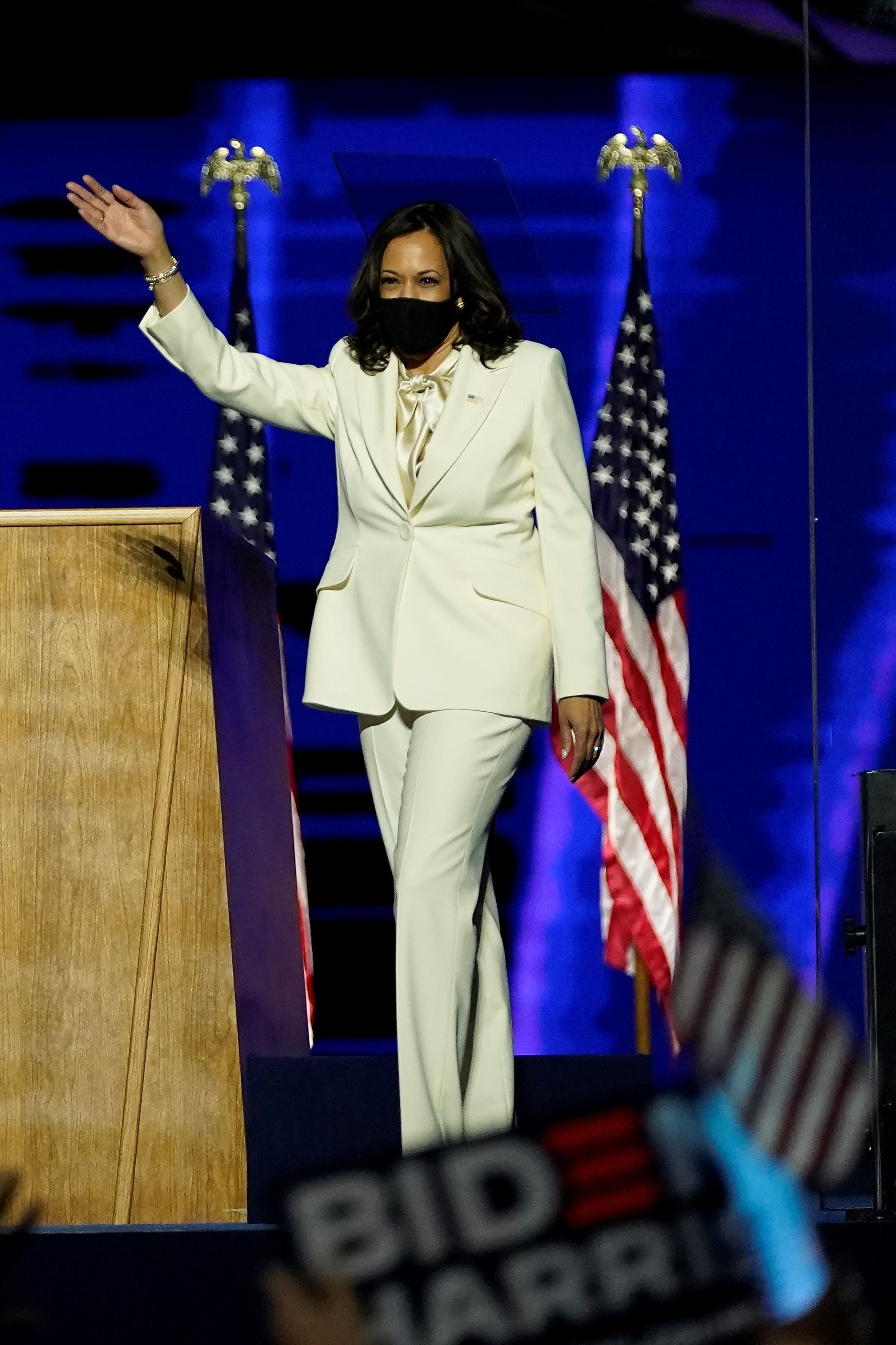 WILMINGTON DELAWARE  NOVEMBER 07  Vice Presidentelect Kamala Harris takes the stage at the Chase Center before...