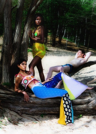 Ngozi wears top GCDS  skirt Paloma Wool Laetitia wears full look GCDS Jona wears swim shorts  Tsehne