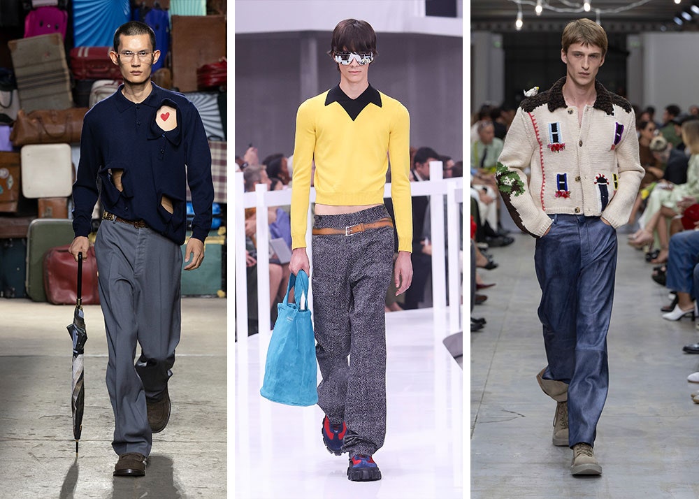 Da sinistra un look di Moschino Prada e JW Anderson delle collezioni PrimaveraEstate 2025