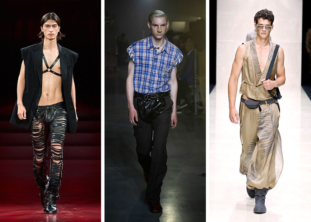 Da sinistra un look di Dsquared2 Martine Rose e Giorgio Armani delle collezioni PrimaveraEstate 2025