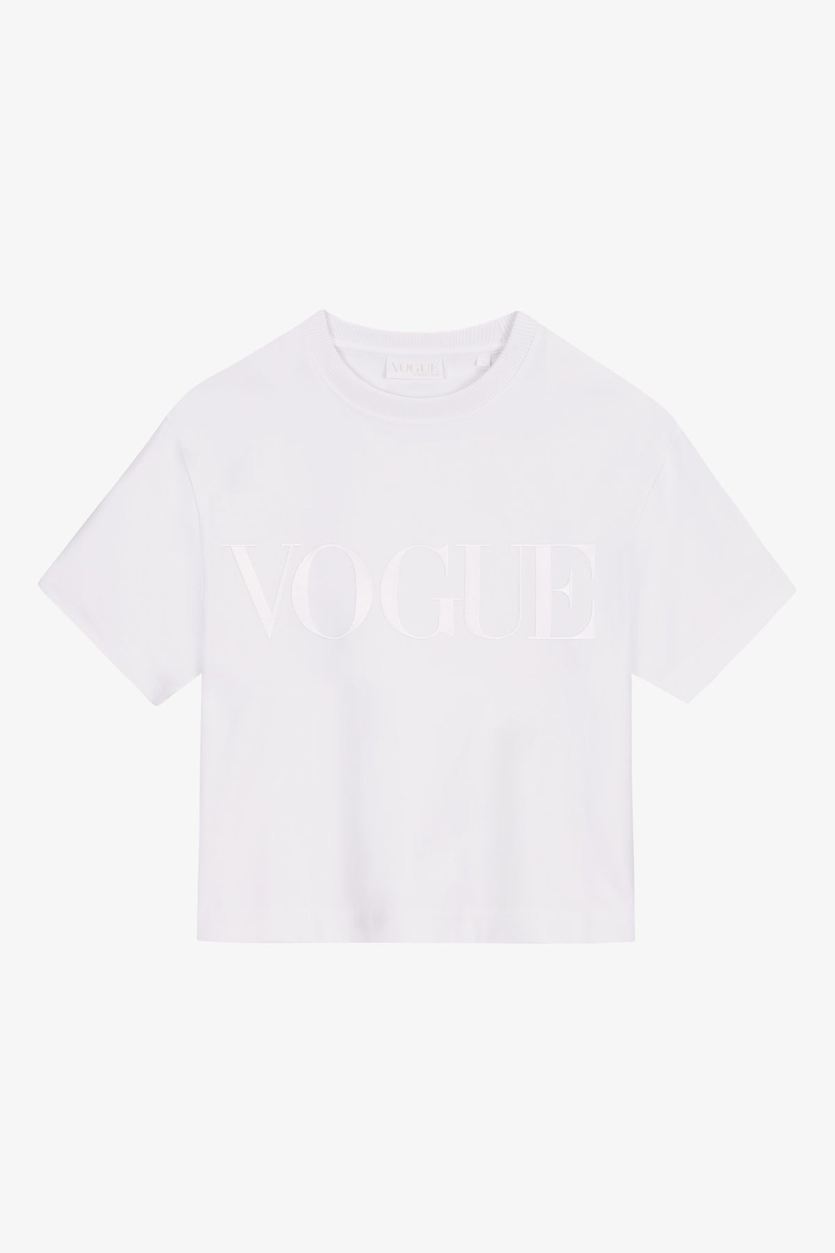 Tshirt cropped VOGUE bianca con logo ricamato tono su tono