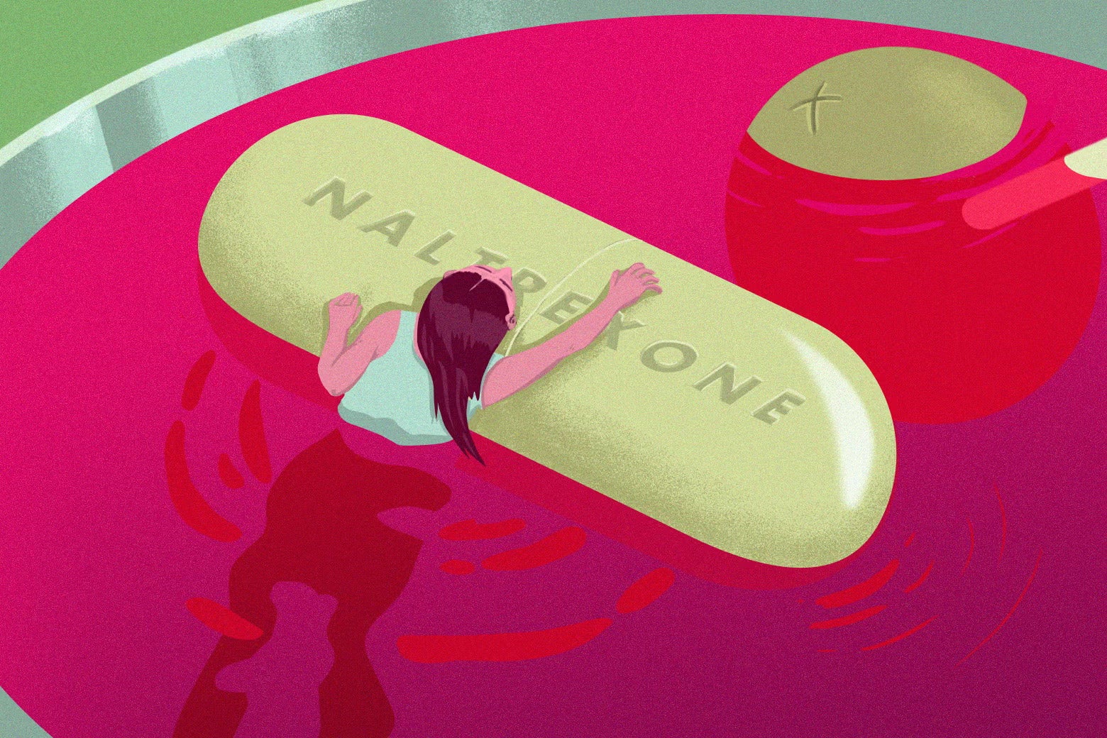 Woman floating in a cocktail holding onto a pill as a life preserver. 
