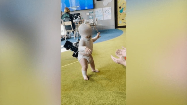 The mother of nine-month-old Luka, the baby boy who was suffered serious burns after a disgusting scalding attack, has offered a heartwarming update as the young warrior gets back on his feet to cause “chaos”. Picture: Supplied