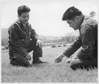 Vintage men playing mumblety-peg pocket knife game.