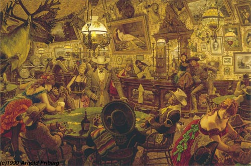 A manly painting of people in a bar by Arnold Friberg