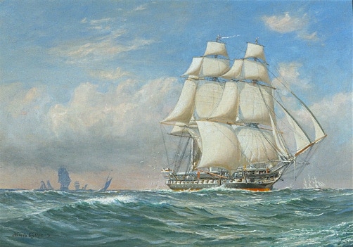 A painting of a sailing ship in the ocean, capturing the essence of nautical slang and common usage.