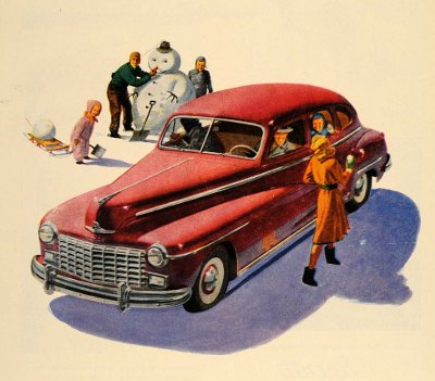 An old ad for a red car with a snowman on it, perfect for driving around the neighborhood.