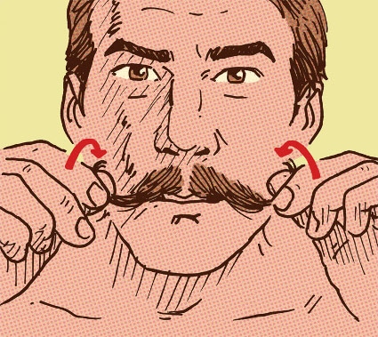 Man curling tips of handlebar mustache illustration.