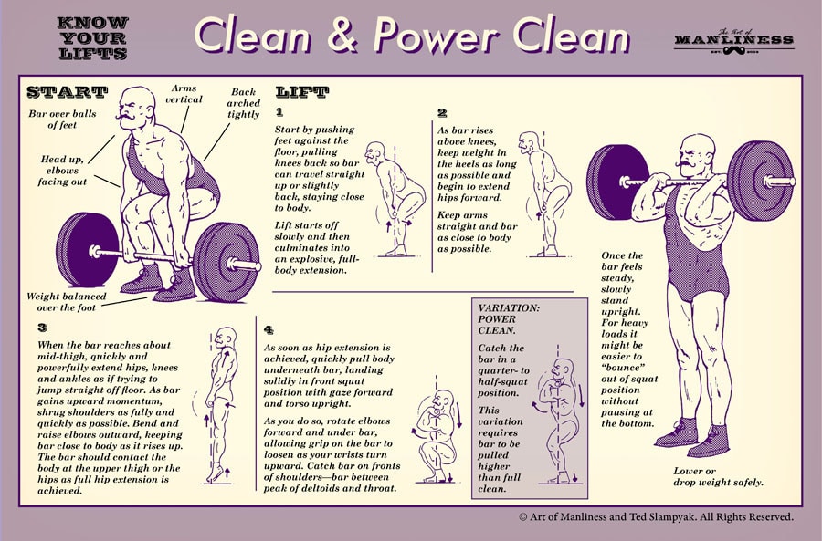 A poster demonstrating the proper technique for clean and power clean lifts.