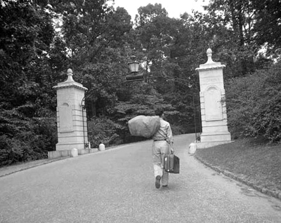 A college student walking down a road with an umbrella, offering alternatives to everyone he meets.