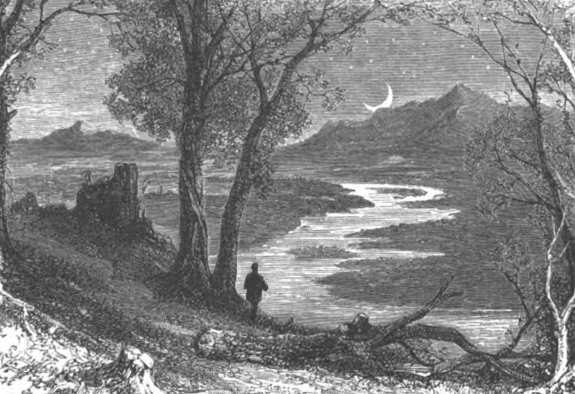 A drawing of a serene landscape with trees and a river.