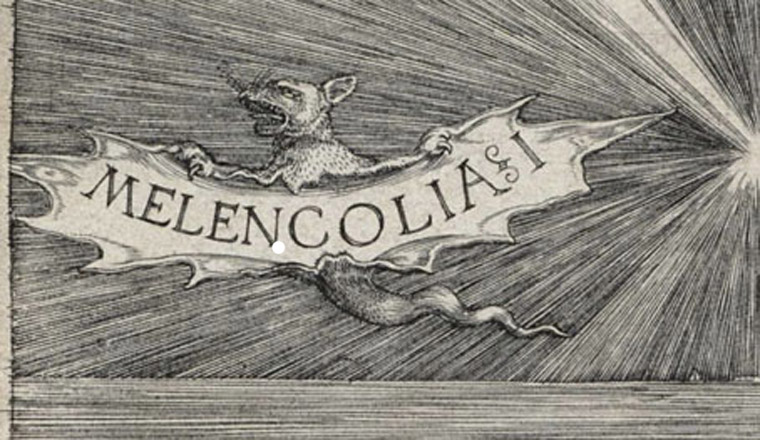 A drawing of a cat with the word melencolia on it that represents depression.