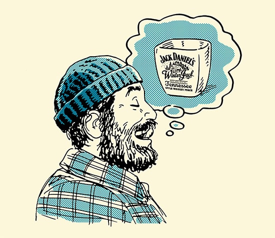 Man with beard licking liquor from mustache illustration.