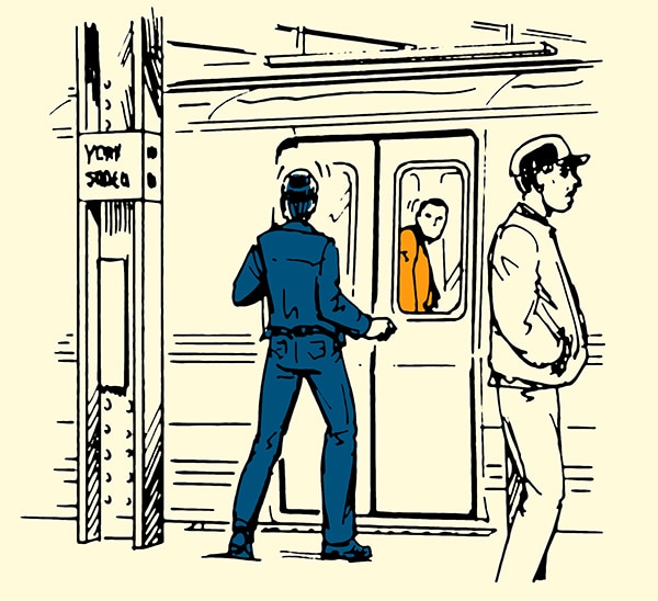 Man escaping being followed onto subway illustration.