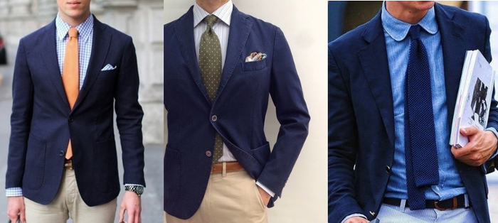 Navy blue blazer with different necktie.