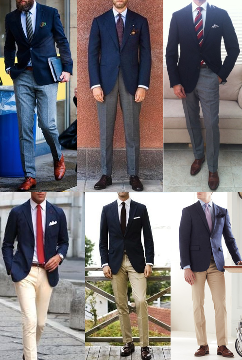 Navy blue blazer with different outfits displayed.