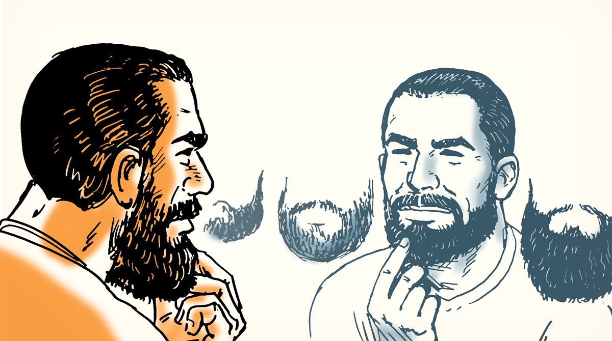 An illustration of a bearded man conversing with another man.