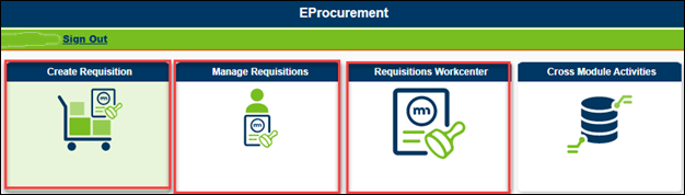 EProcurement landing page with tile navigation