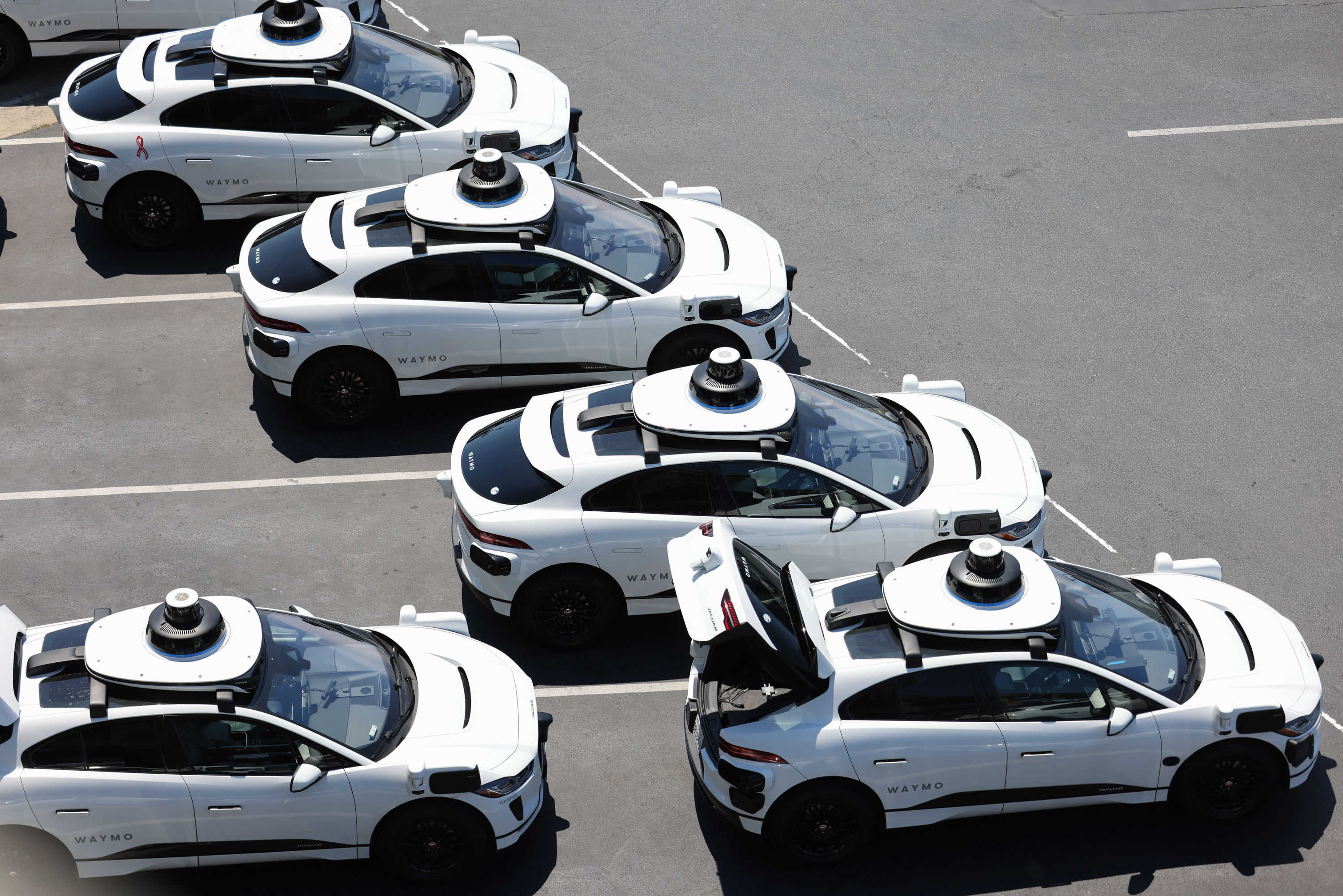 The image shows several white Waymo self-driving cars parked in a lot. They have dome-like sensors on their roofs, and one car's trunk is open.