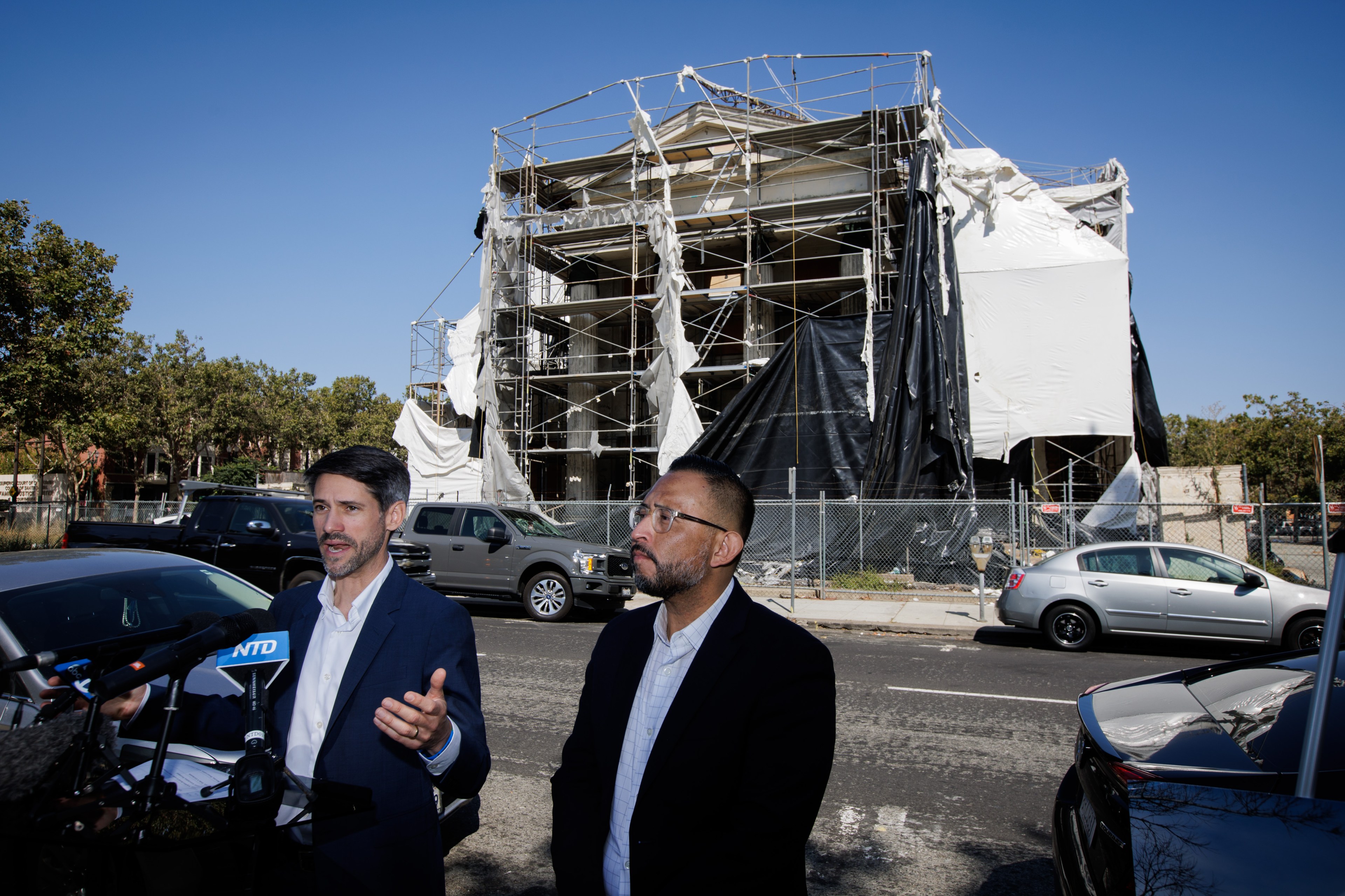 San Jose Mayor Matt Mahan speaks in front of the blighted First Church of Christ in San Jose. 