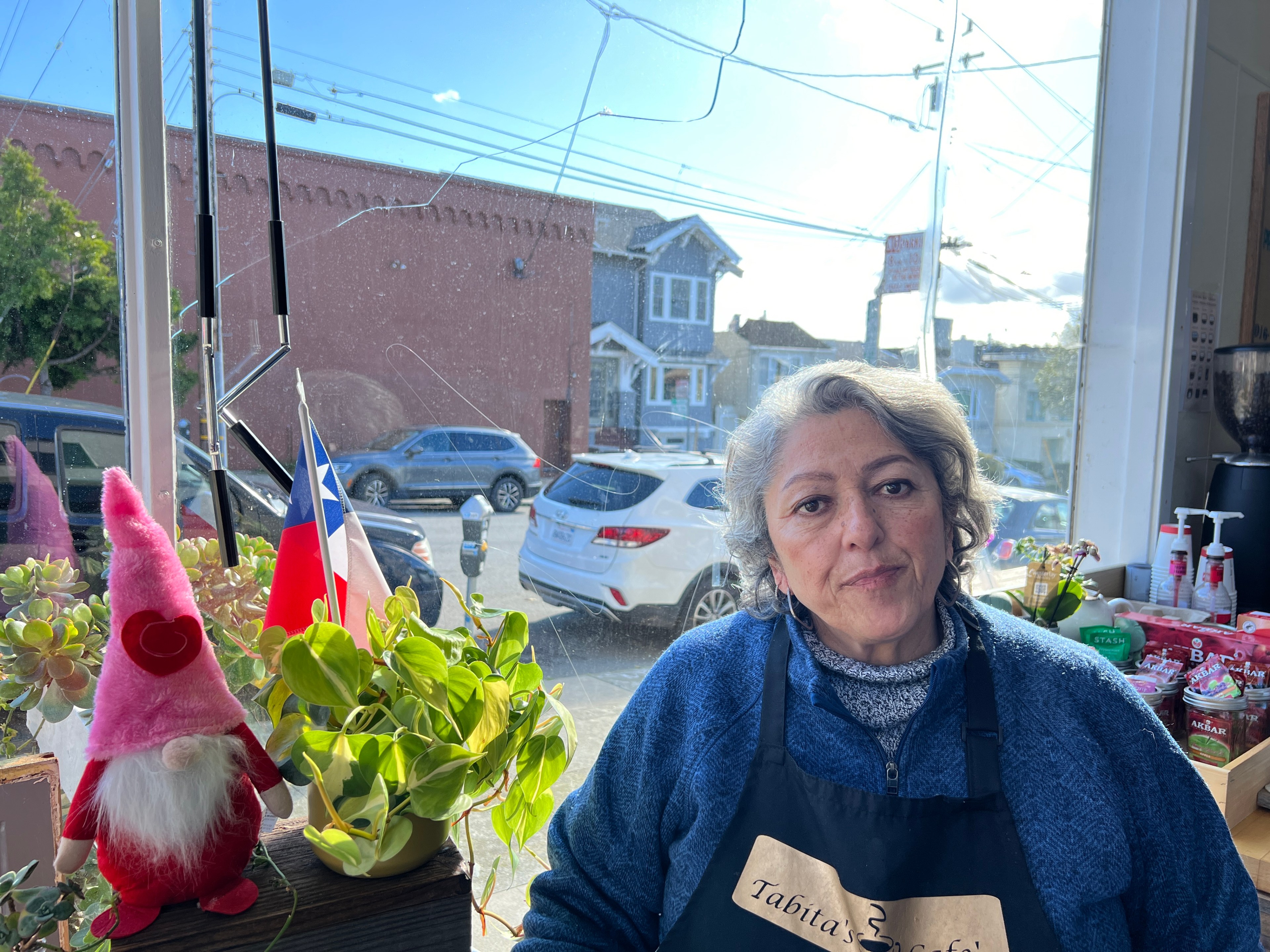 A woman in a blue sweater and apron stands next to a broken window.