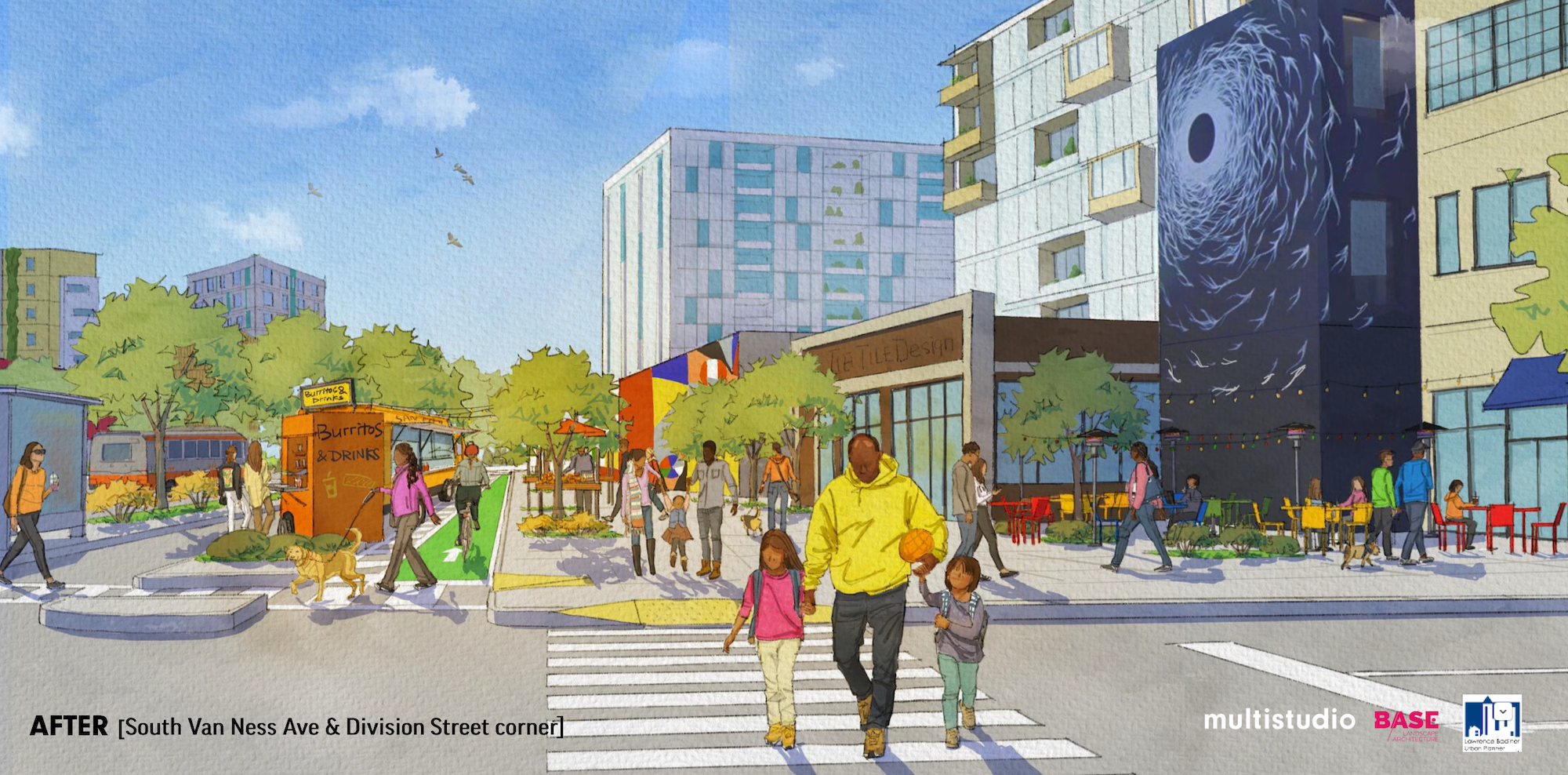 A lively urban street scene with pedestrians, trees, outdoor seating areas, and buildings. A father holding hands with two kids crosses the street near a food truck.