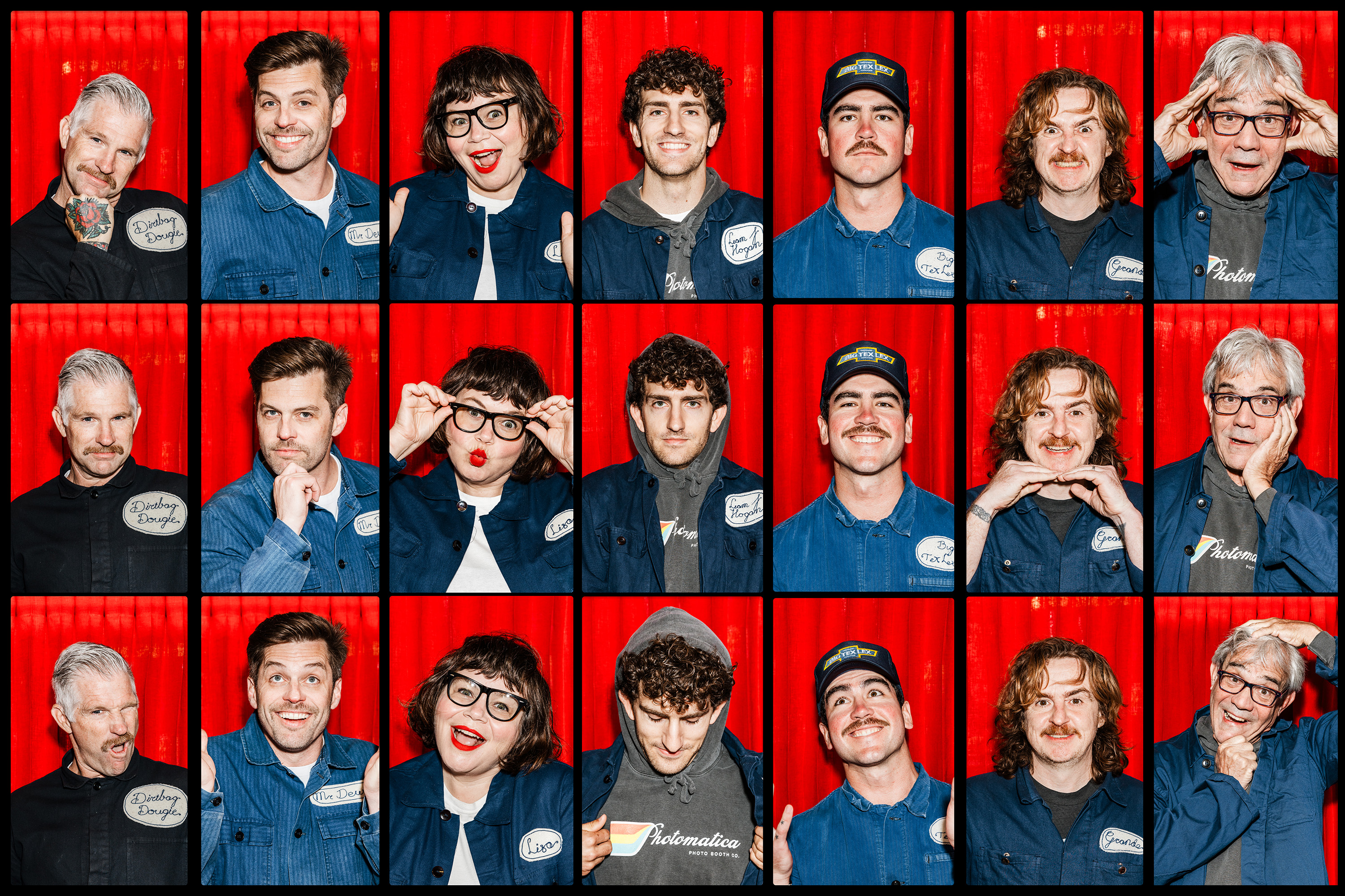 The image is a collage of people against a red curtain backdrop, each person making different facial expressions and gestures. Most wear blue shirts with name tags.