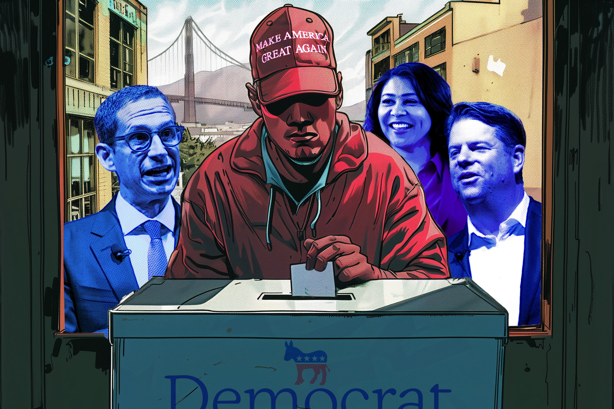 The image shows a person in a red "Make America Great Again" hat casting a ballot into a box labeled "Democrat." Three people, colored in blue, stand in the background.