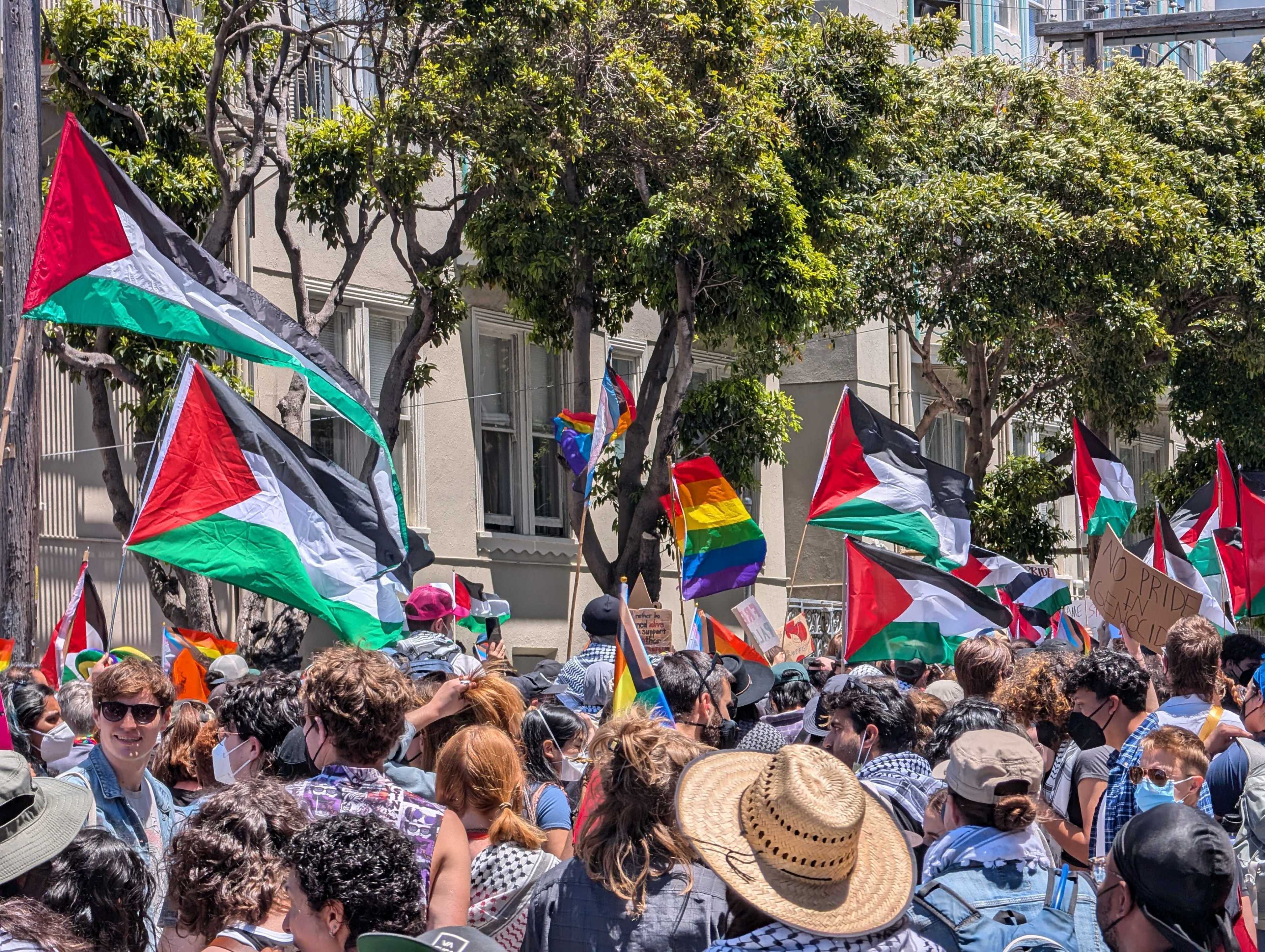 A crowd of people is gathered in a street holding Palestinian and rainbow flags. Some carry signs and wear masks, while tall trees provide shade from the sun.