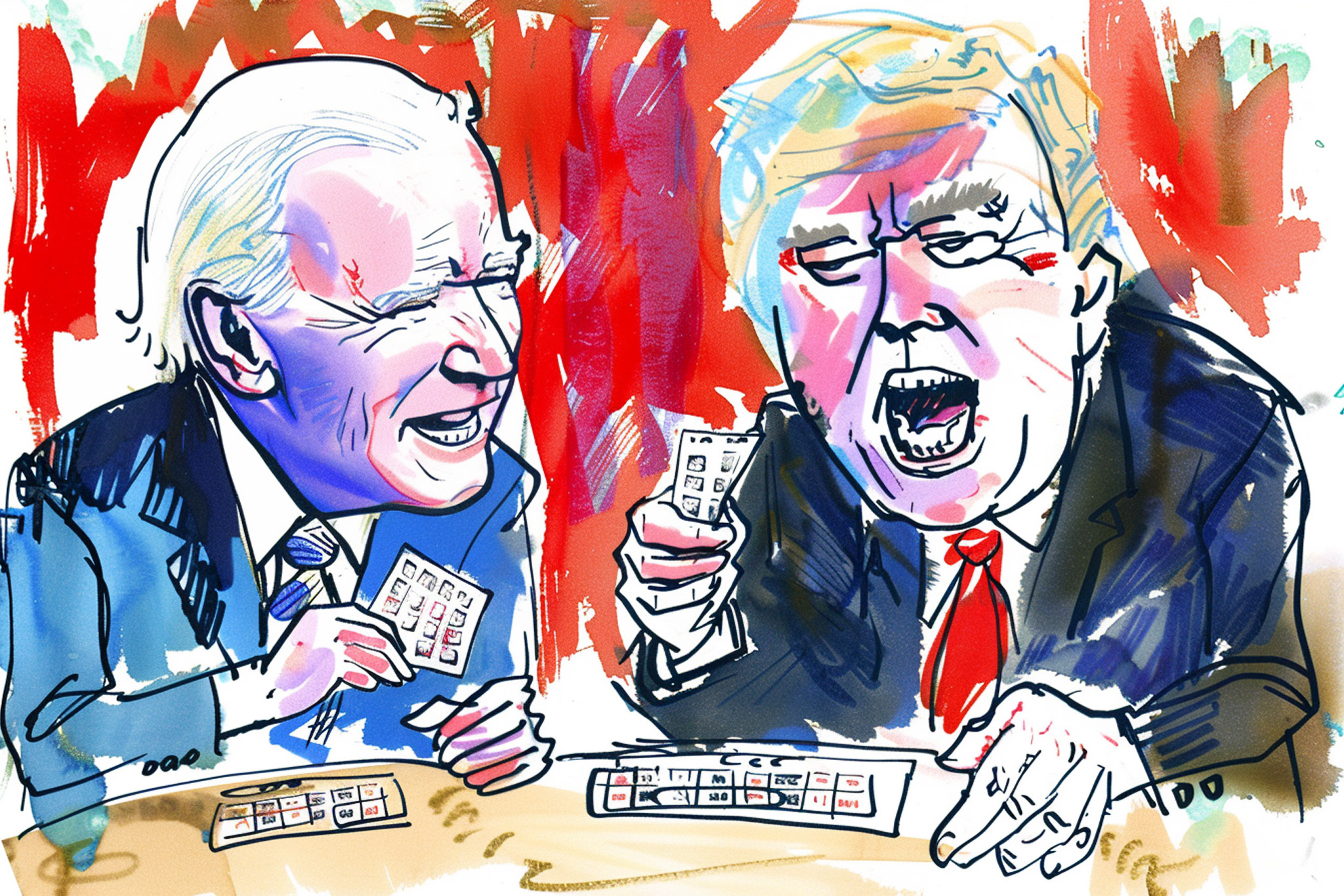 A colorful caricature shows two men, one laughing and the other yelling, while playing bingo. The background is red, and both are holding bingo cards.