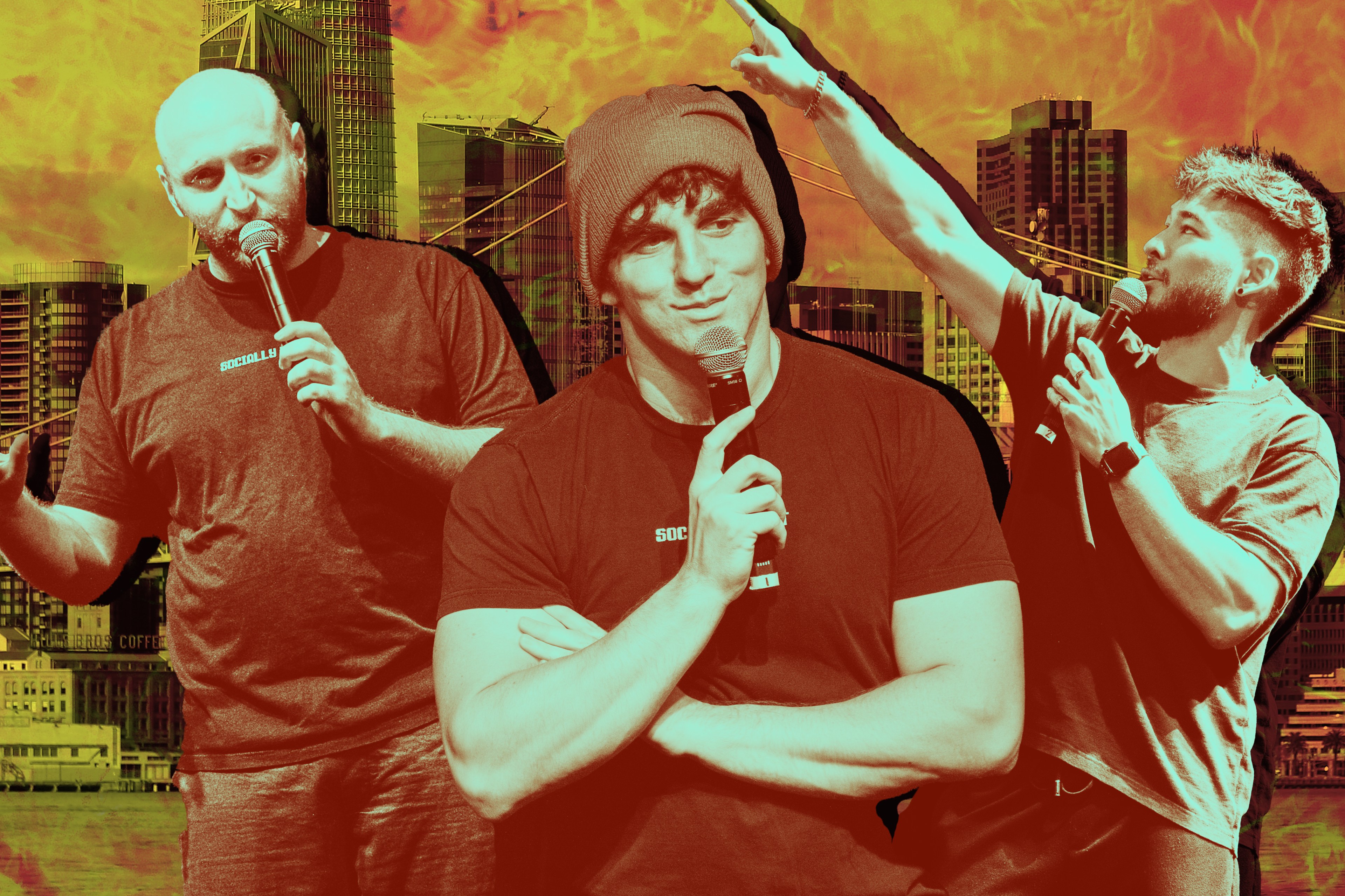 Three men, each holding a microphone, are superimposed against a cityscape with a fiery, dramatic sky. The central man wears a beanie, while the other two are speaking animatedly.