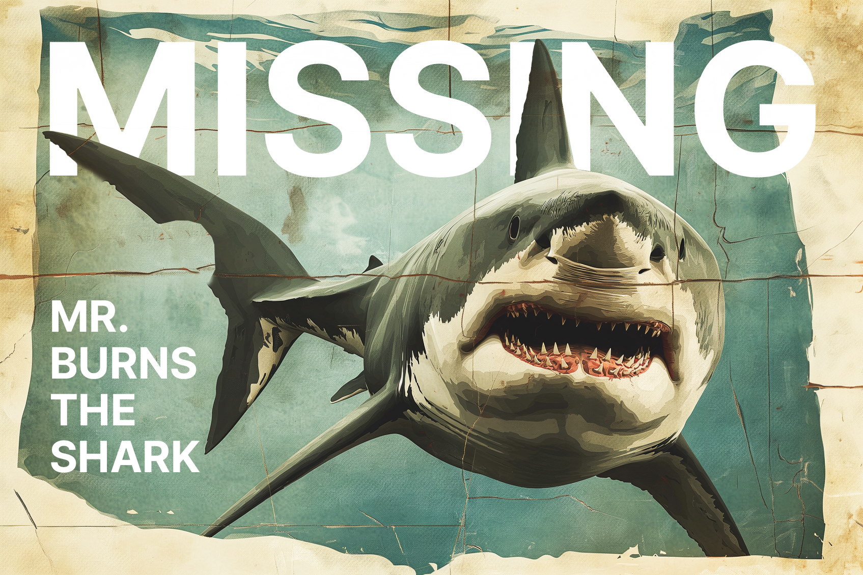 The image shows a 'Missing' poster with a picture of a large shark. It reads, "Mr. Burns the Shark". The poster has a distressed, worn-out texture.