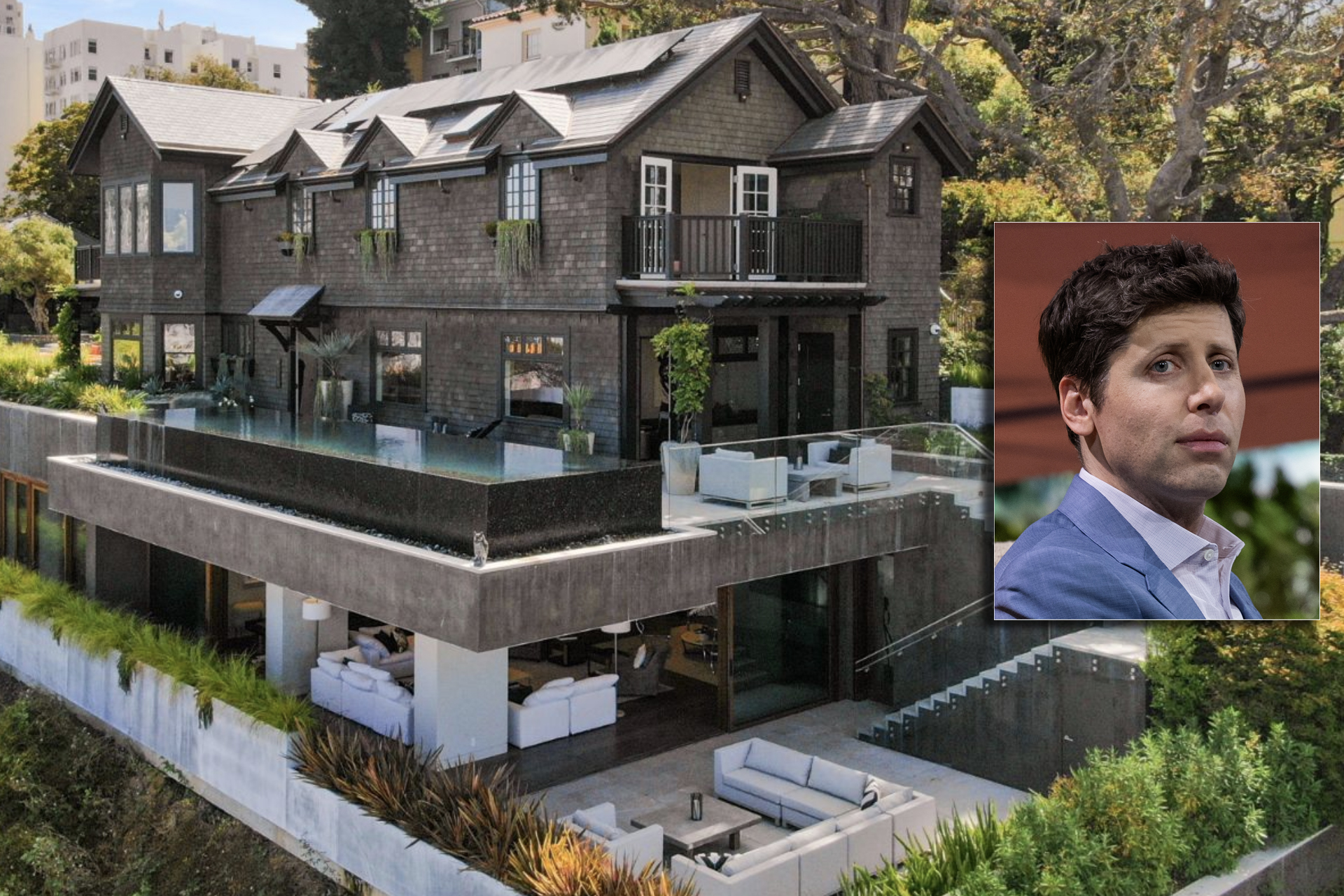 The image shows a large, modern house with a multi-tiered design and pool on an upper terrace. Inset is a headshot of a person with short dark hair wearing a blue jacket.