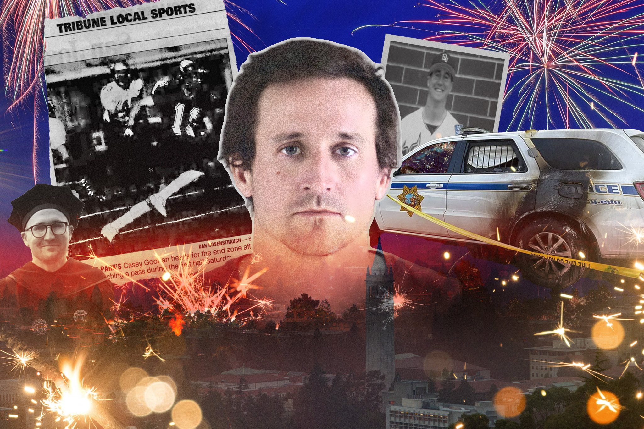 The image features a man's face in the center surrounded by a damaged police car, newspaper clippings, an image of a sports player, fireworks, and a cityscape.