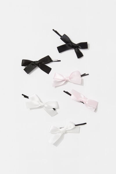 Mini Bow Clips 6Pk, BLACK/WHITE/PINK