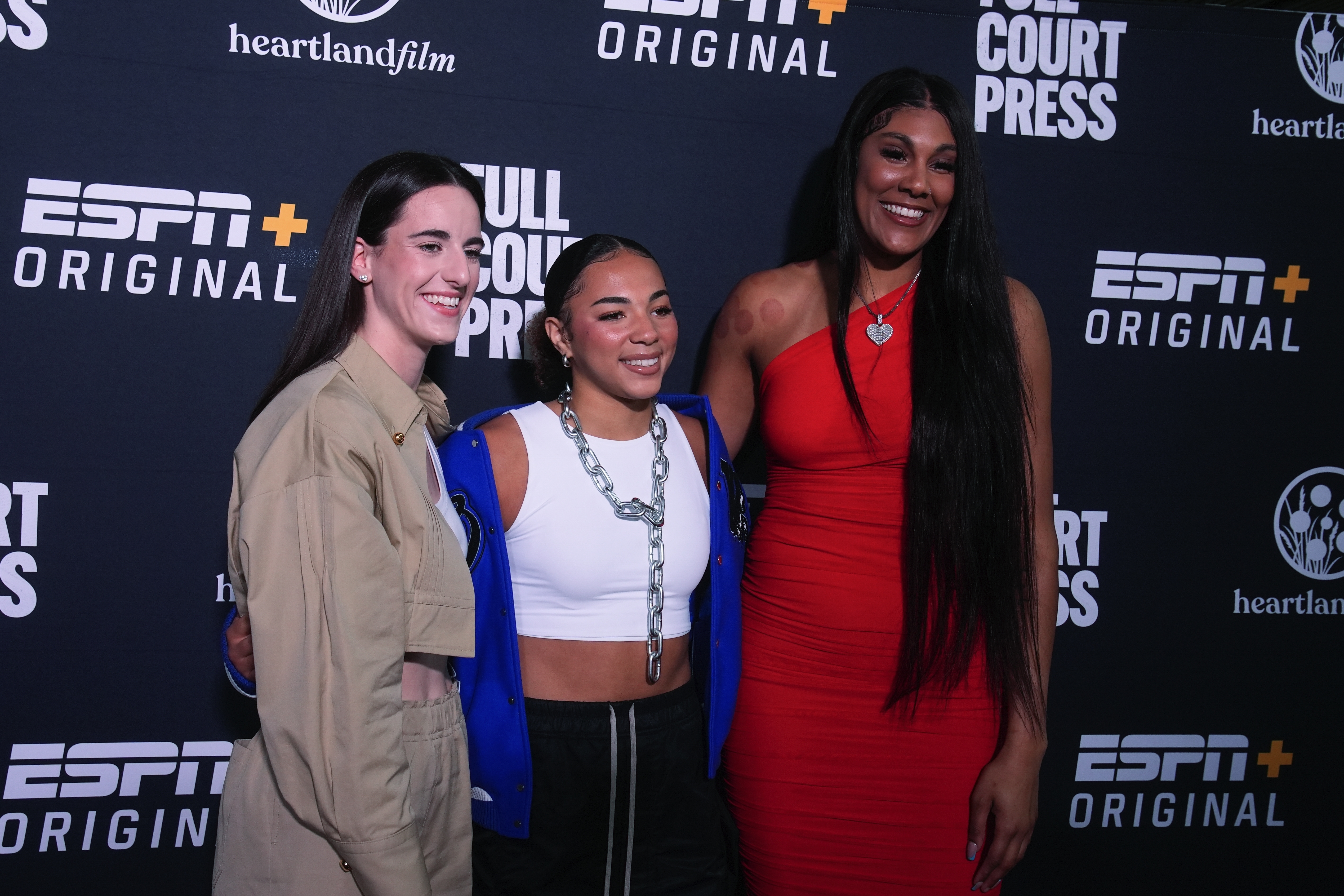 Caitlin Clark, Kiki Rice and Kamilla Cardoso arrive at Monday's world premiere of "Full Court Press" in Indianapolis. 