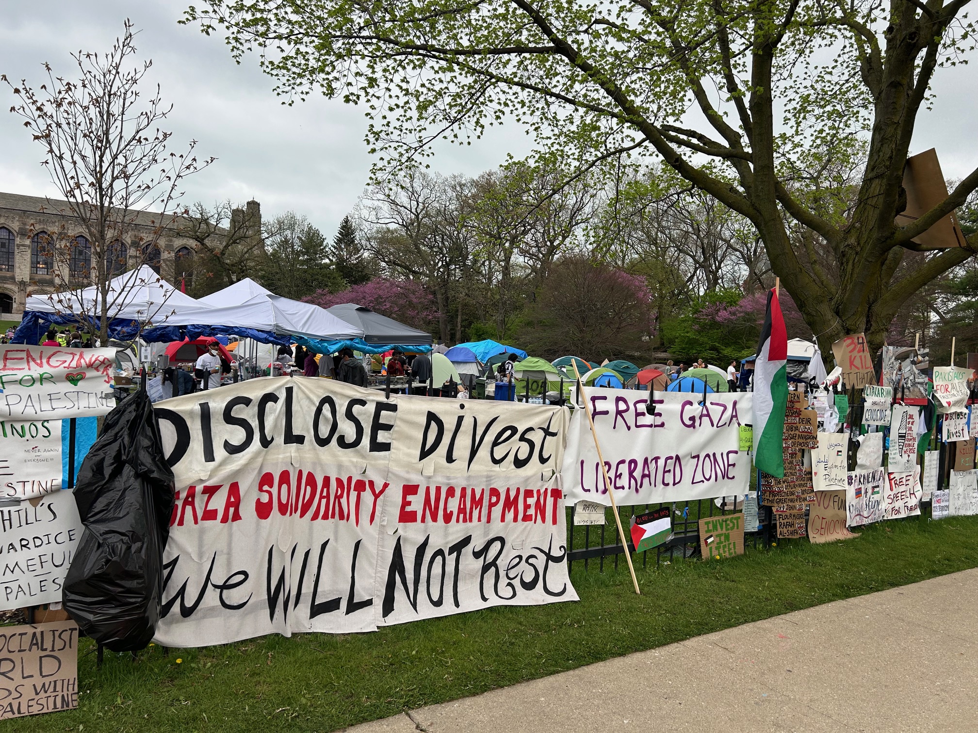 Northwestern’s Deering Meadow is filled with signs and tents as protesters denounce the crisis in Gaza — a scene that calls to mind the outcry over the Vietnam War 54 years ago. 