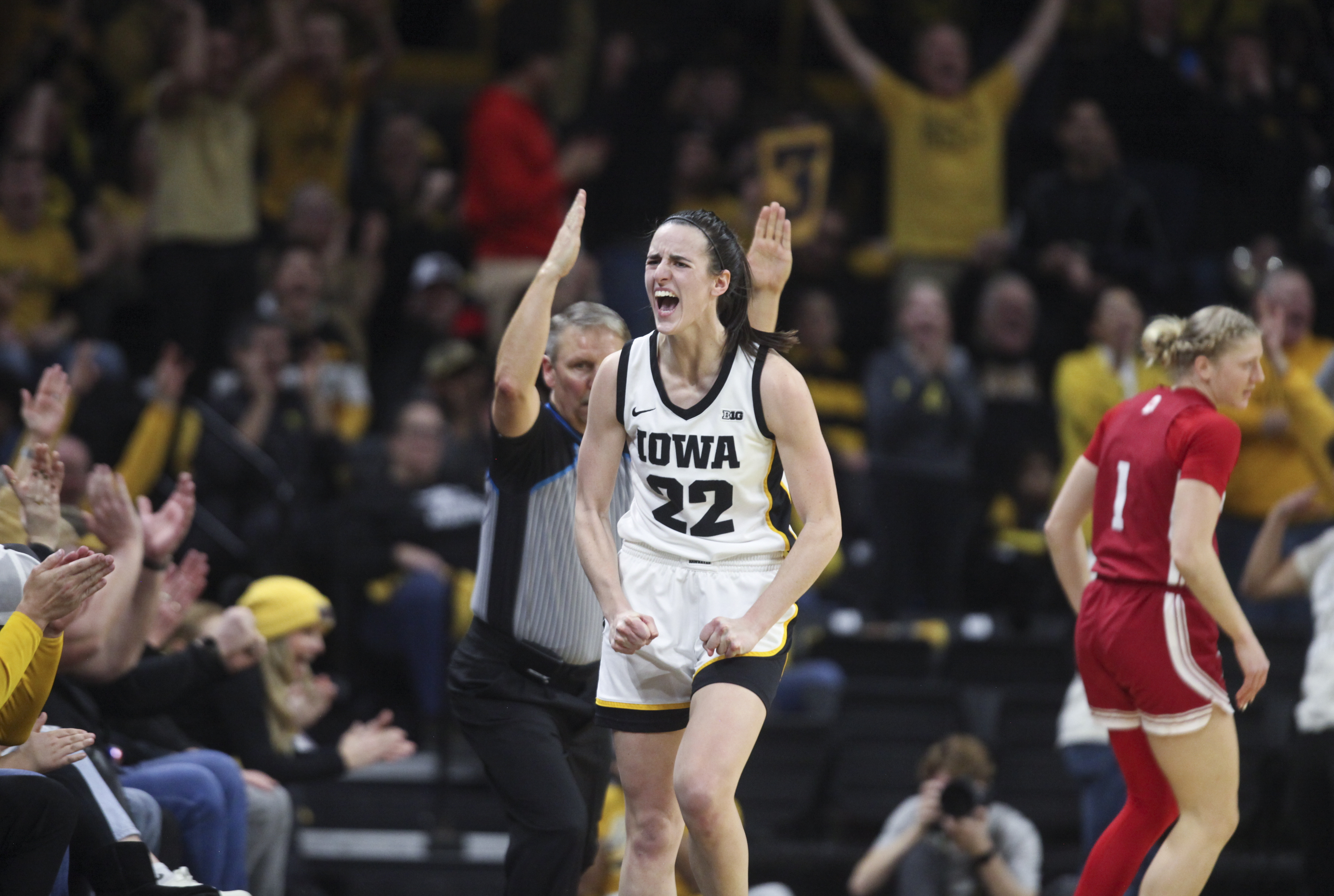 Iowa's Caitlin Clark after burying a long jumper at Carver-Hawkeye Arena.