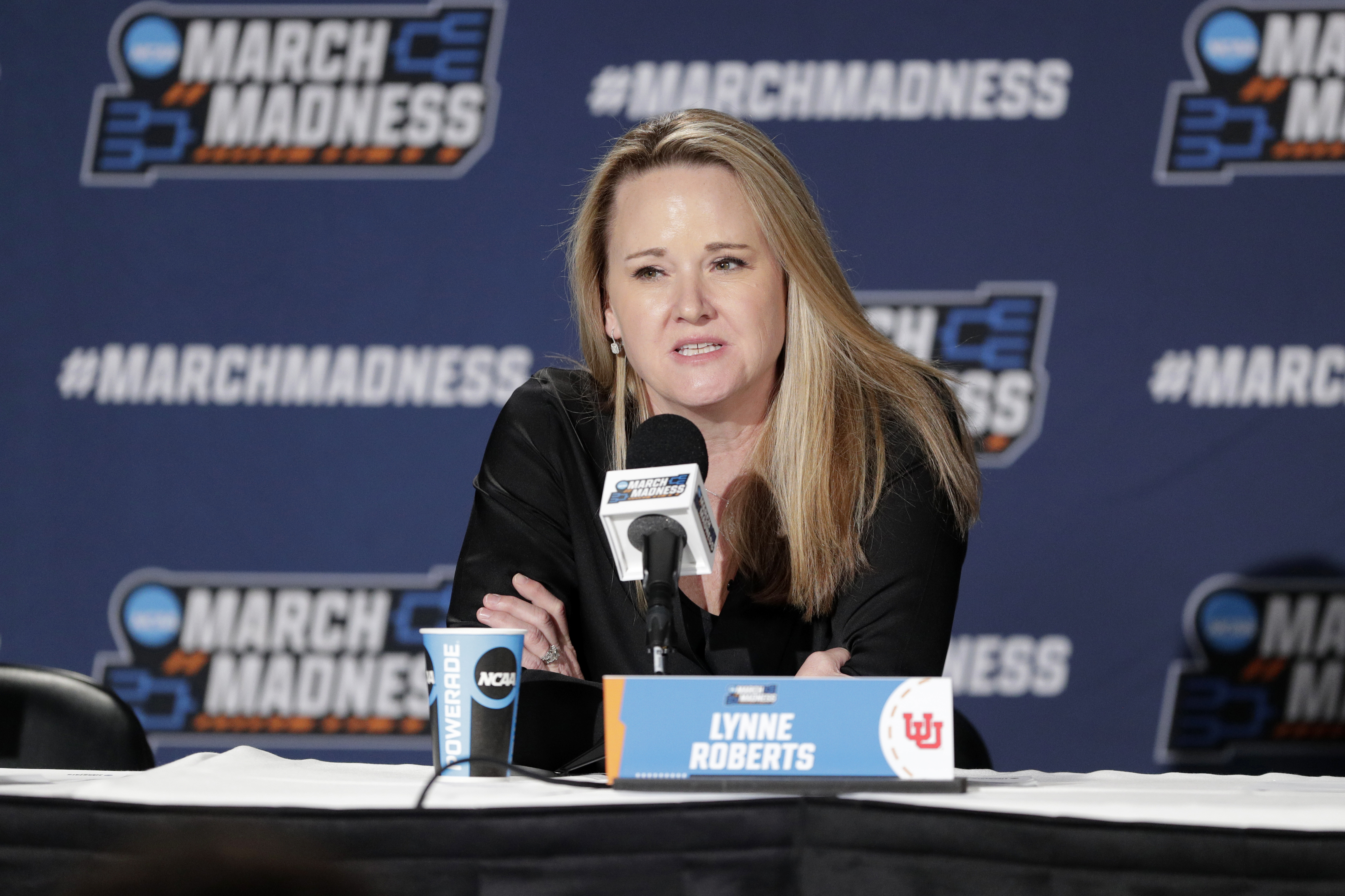 Utah women's head basketball coach Lynne Roberts speaks during the NCAA Tournament.