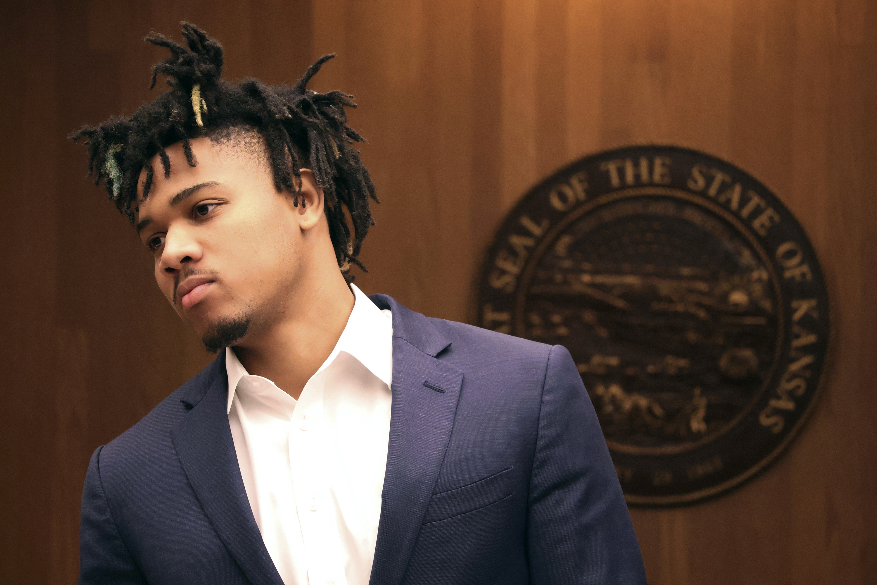 University of Illinois basketball standout Terrence Shannon Jr. appears in court during his trial, Wednesday, June 12, 2024, in Lawrence, Kan. Shannon, of Champaign, Ill., is accused of committing sexual assault on Sept. 9, 2023, in Lawrence, Kan.